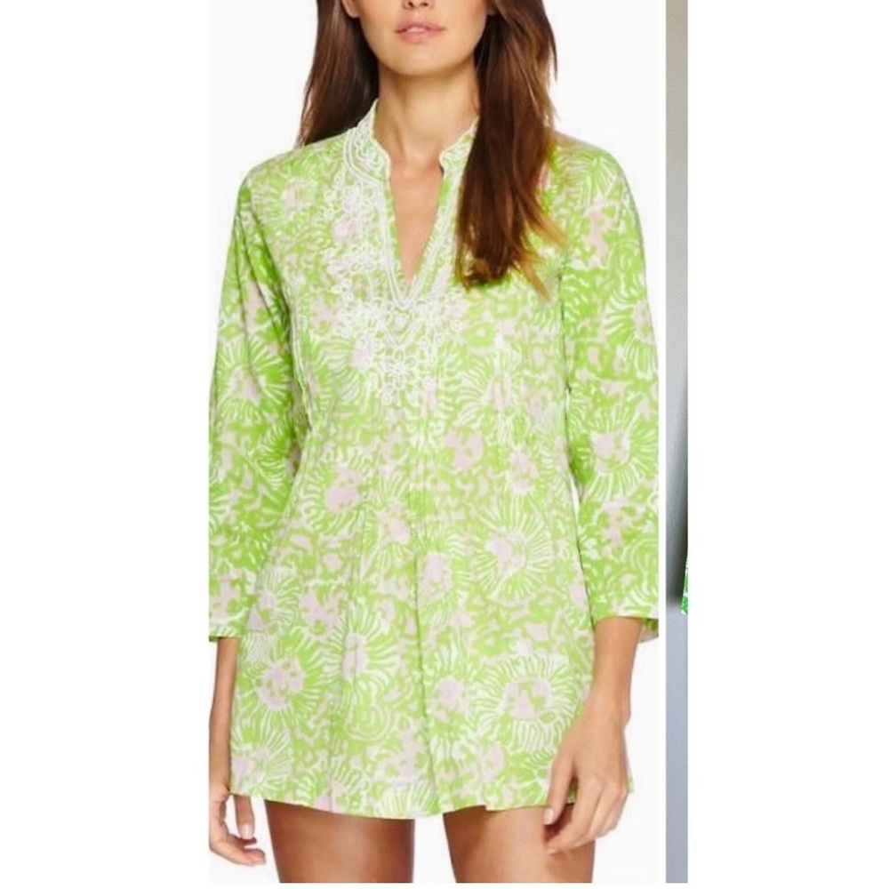 Lilly Pulitzer Beaded V-Neck Tunic Shirt Top Swim Cover Up Tropical Sz M EUC